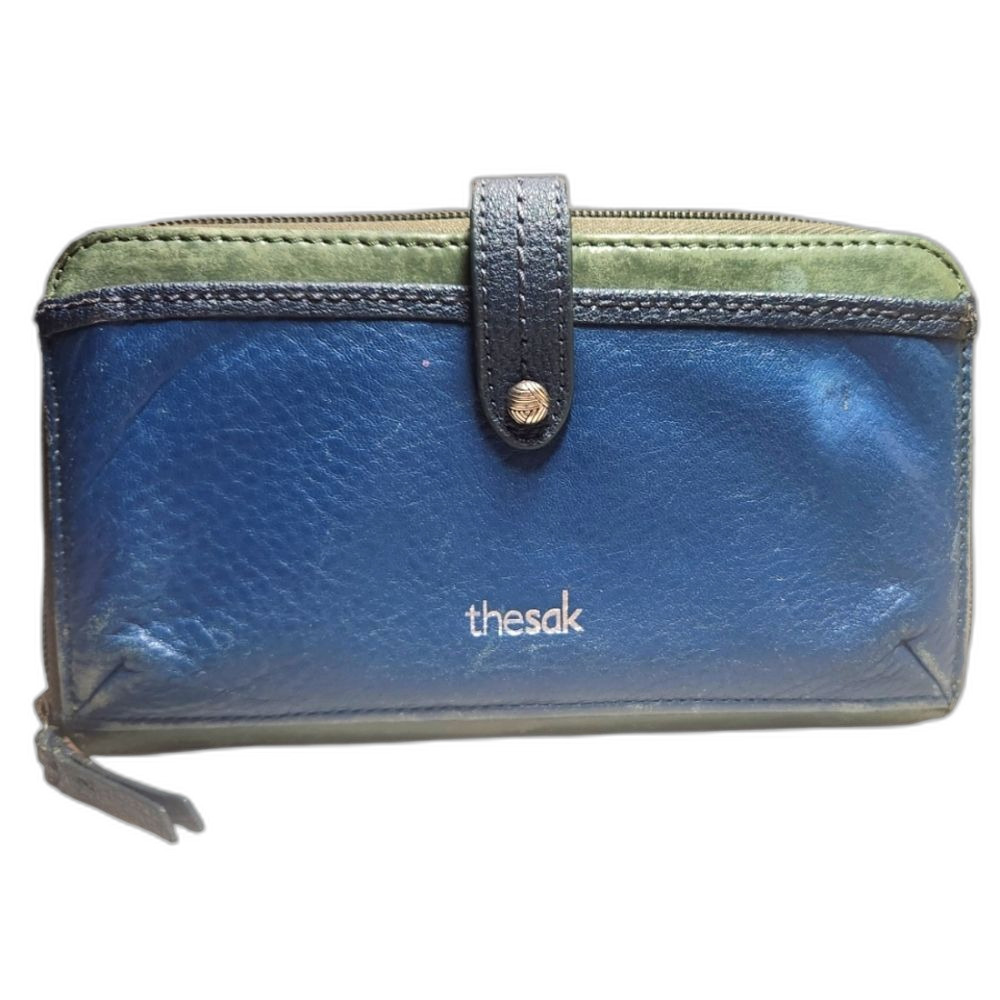 The Sak Wallet Iris Large Smartphone Leather Navy Blue Green Silver Clutch‎